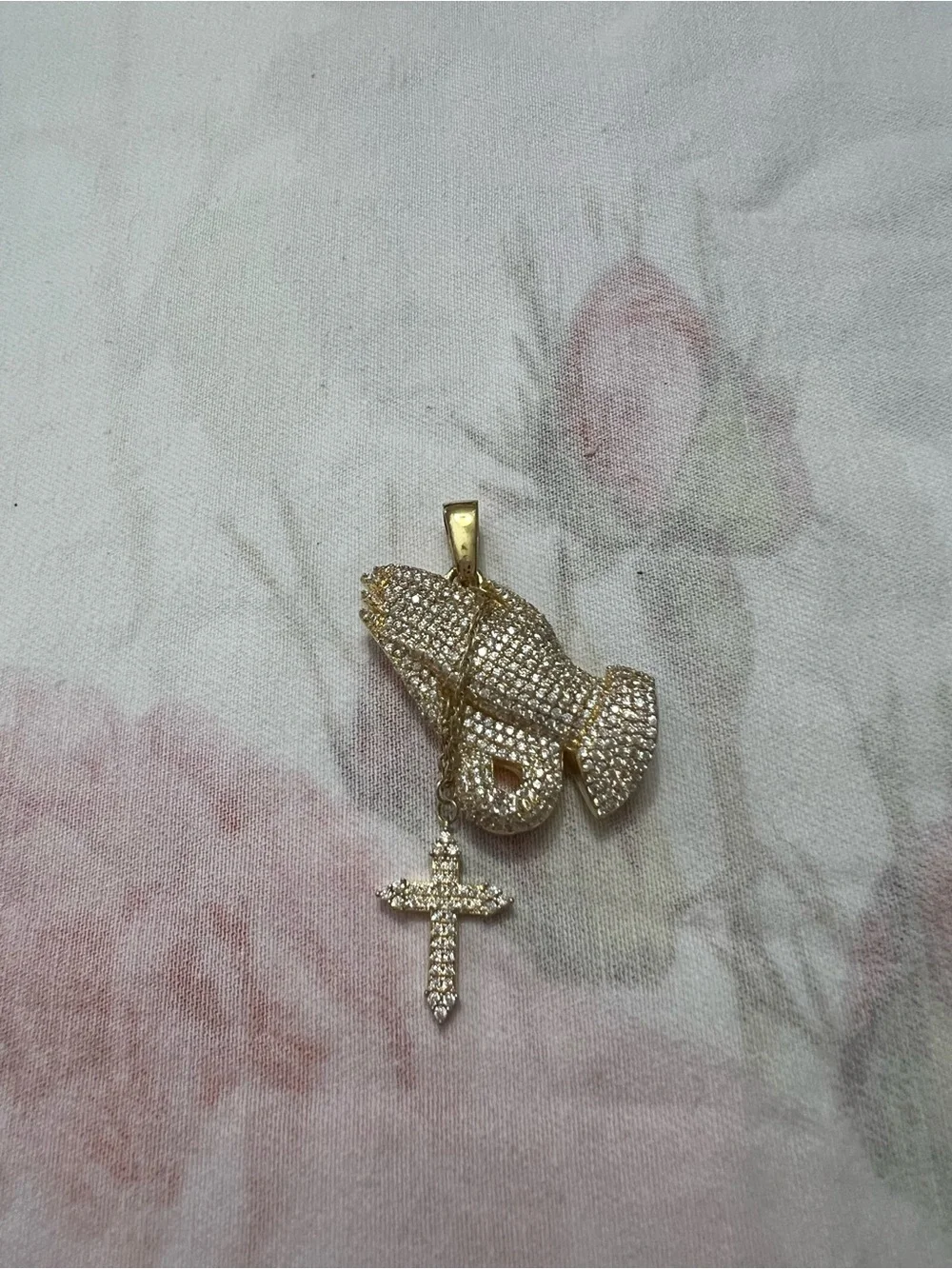 GLD Iced Praying Hands with Cross Pendant in Gold Tone